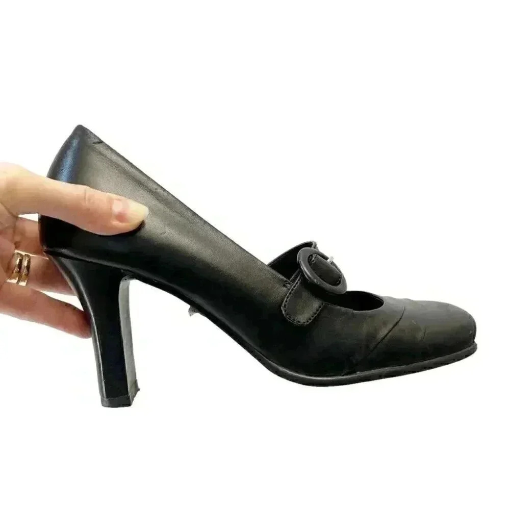 Vintage Spring High Heel Mary Jane Pumps Genuine Leather Black Size 7.5 EU 38 - Picture 15 of 15